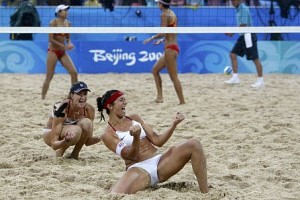 Misty May-Treanor and Kerri Walsh of the U.S. celebrate winning their women's beach volleyball final match against China at the Beijing 2008 Olympic Games